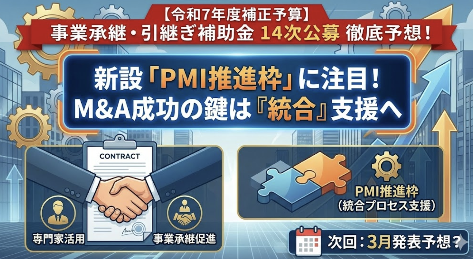 【令和7年度補正予算】事業承継・M&A補助金「14次公募」を徹底予想！新設「PMI推進枠」にも注目