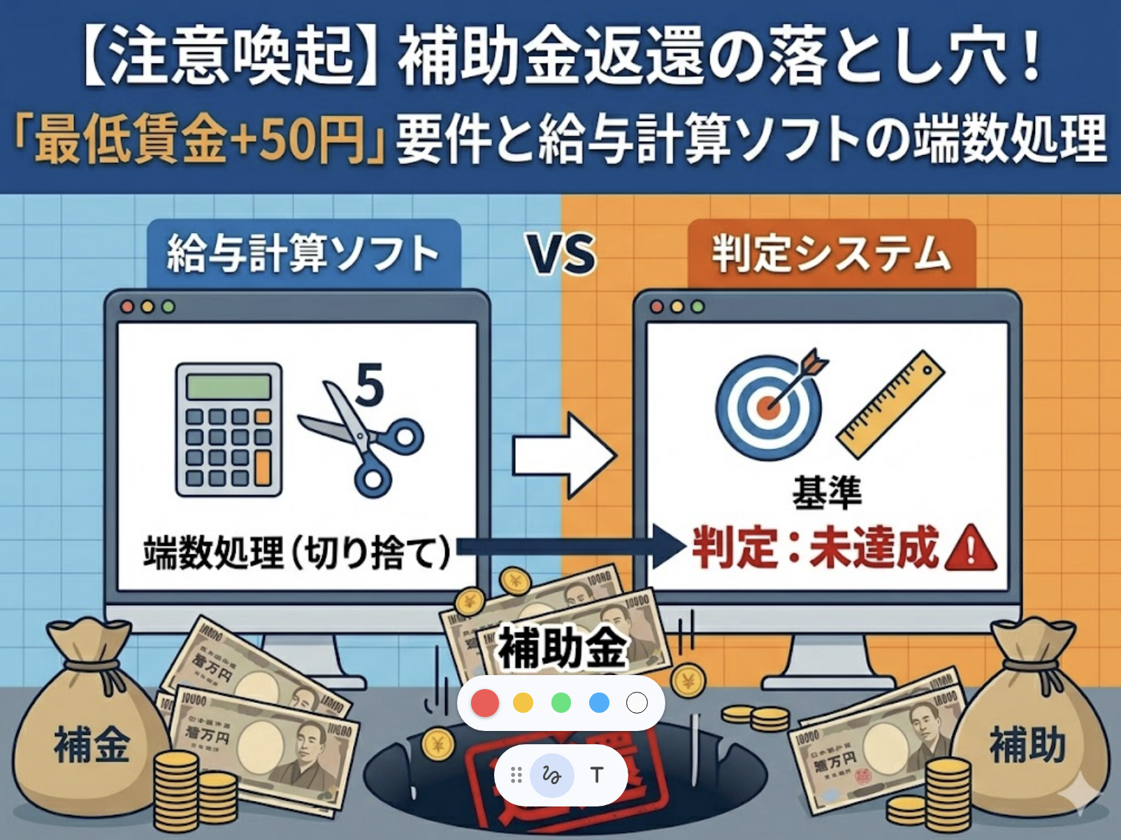 【注意喚起】補助金返還の落とし穴！「最低賃金+50円」要件と給与計算ソフトの端数処理